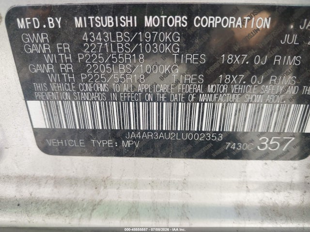 Aukcja sprzedaży 2020 Mitsubishi Outlander Sport 2.0 Es Awc, vin: JA4AR3AU2LU002353, numer aukcji: 45555557