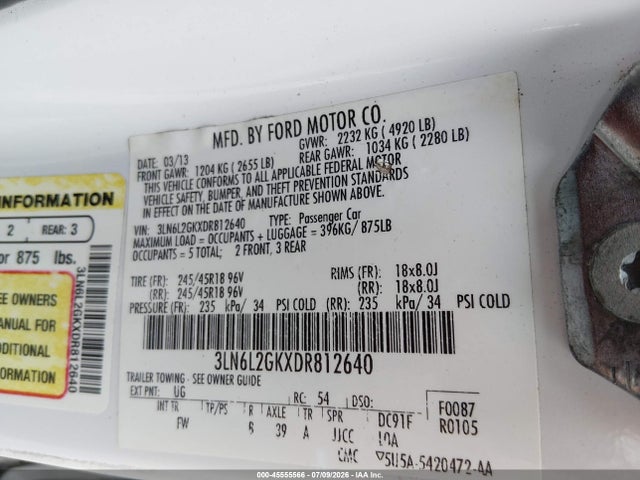 Aukcja sprzedaży 2013 Lincoln Mkz, vin: 3LN6L2GKXDR812640, numer aukcji: 45555566