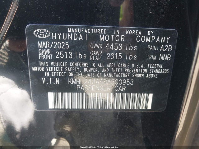 45555593 :رقم المزاد ، KMHL24JA4SA500953 vin ، 2025 Hyundai Sonata Se مزاد بيع
