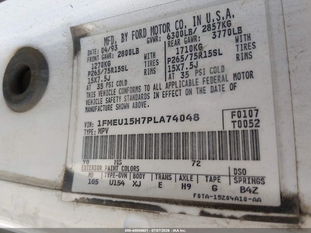 Aukcja sprzedaży 1993 Ford Bronco U100, vin: 1FMEU15H7PLA74048, numer aukcji: 45555601