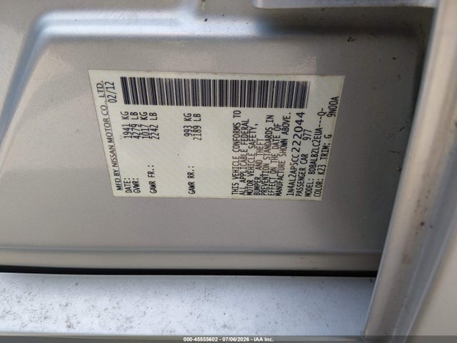 2012 Nissan Altima 2.5 S მანქანა იყიდება აუქციონზე, vin: 1N4AL2AP5CC222044, აუქციონის ნომერი: 45555602