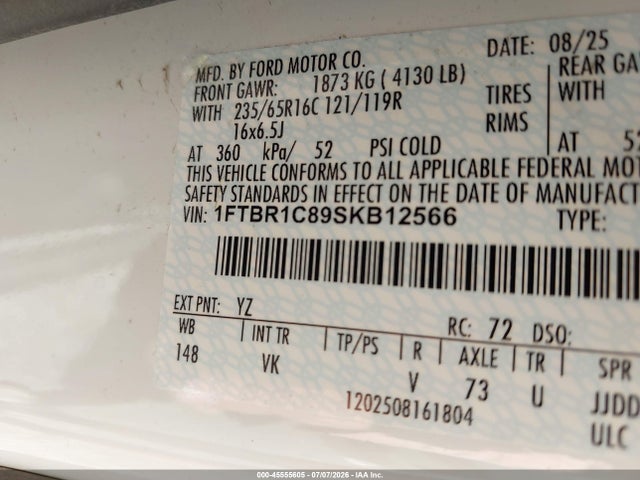 Aukcja sprzedaży 2025 Ford Transit-250, vin: 1FTBR1C89SKB12566, numer aukcji: 45555605