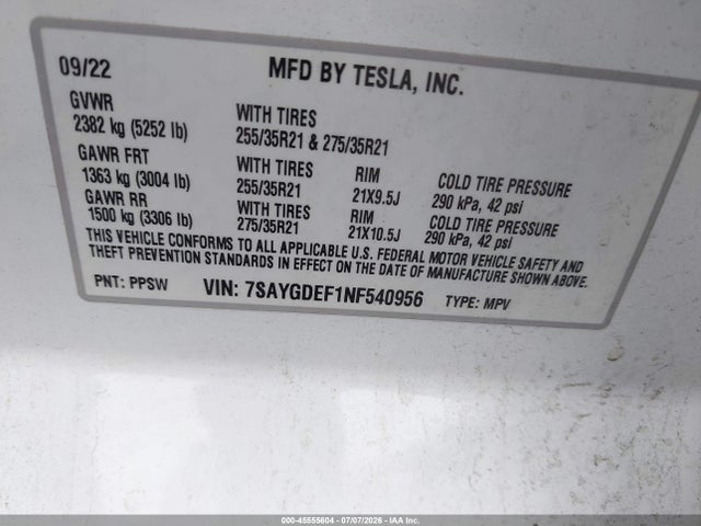 7SAYGDEF1NF540956 Tesla Model Y Performance Dual Motor All-wheel Drive