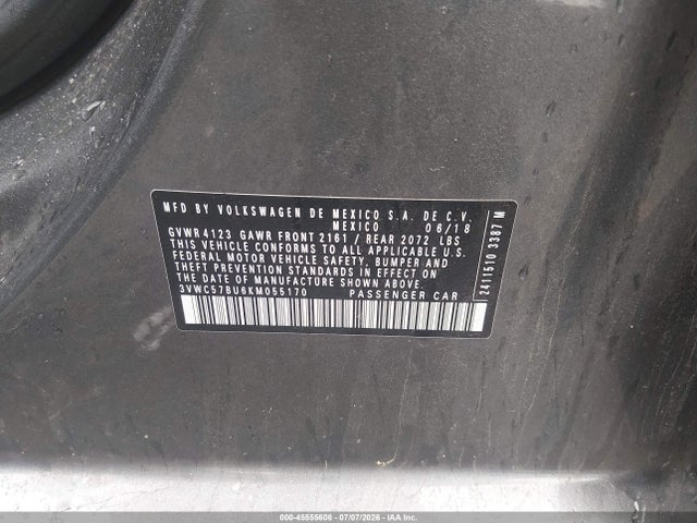 2019 Volkswagen Jetta 1.4t R-line/1.4t S/1.4t Se მანქანა იყიდება აუქციონზე, vin: 3VWC57BU6KM055170, აუქციონის ნომერი: 45555608