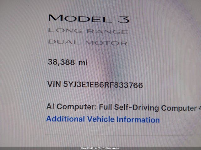 45555613 :رقم المزاد ، 5YJ3E1EB6RF833766 vin ، 2024 Tesla Model 3 Long Range Dual Motor All-wheel Drive مزاد بيع