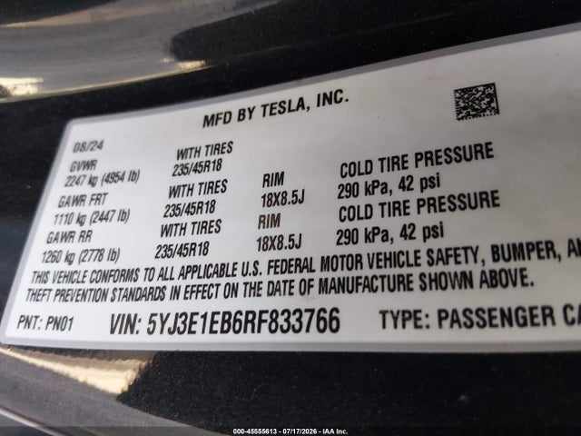 45555613 :رقم المزاد ، 5YJ3E1EB6RF833766 vin ، 2024 Tesla Model 3 Long Range Dual Motor All-wheel Drive مزاد بيع