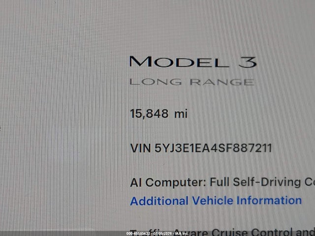 Auction sale of the 2025 Tesla Model 3 Long Range Rear-wheel Drive/standard Rear-wheel Drive, vin: 5YJ3E1EA4SF887211, lot number: 45555622