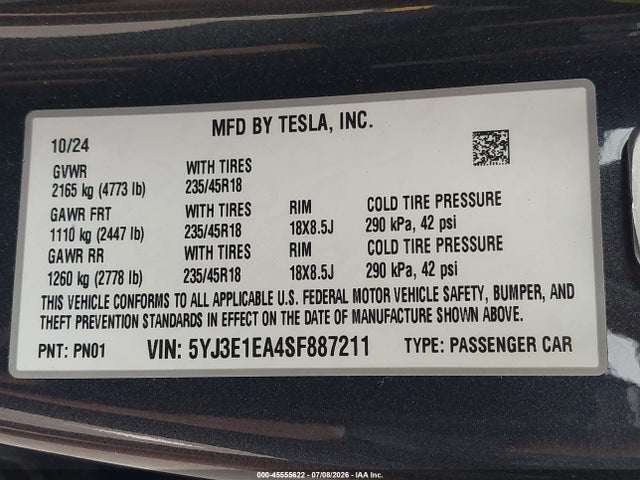 Auction sale of the 2025 Tesla Model 3 Long Range Rear-wheel Drive/standard Rear-wheel Drive, vin: 5YJ3E1EA4SF887211, lot number: 45555622