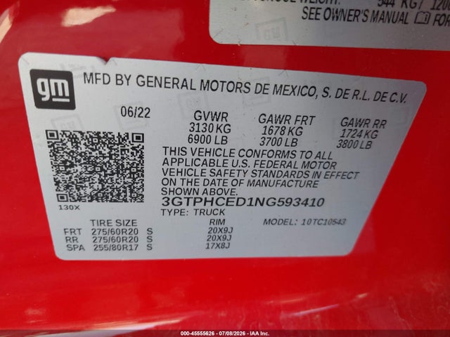 Aukcja sprzedaży 2022 Gmc Sierra 1500, vin: 3GTPHCED1NG593410, numer aukcji: 45555626