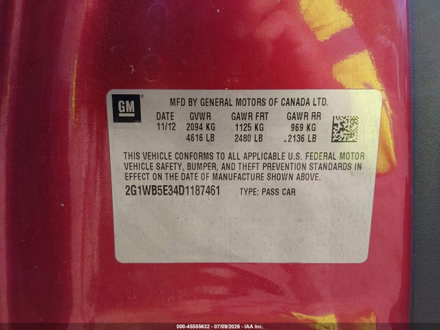 Auction sale of the 2013 Chevrolet Impala Lt, vin: 2G1WB5E34D1187461, lot number: 45555632