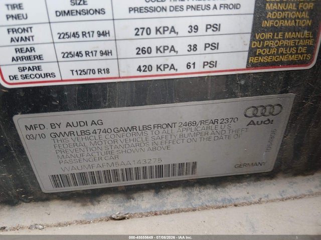 Aukcja sprzedaży 2010 Audi A3 2.0t Premium, vin: WAUMFAFM5AA143275, numer aukcji: 45555649