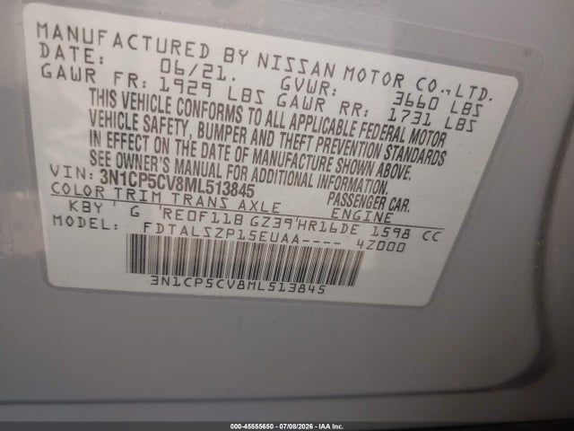 2021 Nissan Kicks Sv Xtronic Cvt მანქანა იყიდება აუქციონზე, vin: 3N1CP5CV8ML513845, აუქციონის ნომერი: 45555650