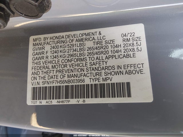 5FNYF7H56NB003956 Honda Passport 2wd Ex-l