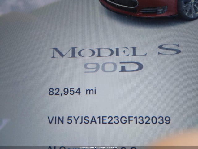 45555677 :رقم المزاد ، 5YJSA1E23GF132039 vin ، 2016 Tesla Model S 60d/70d/75d/85d/90d مزاد بيع
