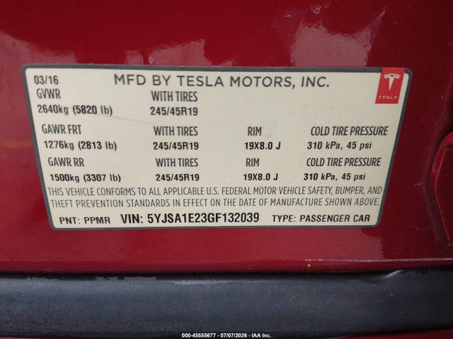 45555677 :رقم المزاد ، 5YJSA1E23GF132039 vin ، 2016 Tesla Model S 60d/70d/75d/85d/90d مزاد بيع