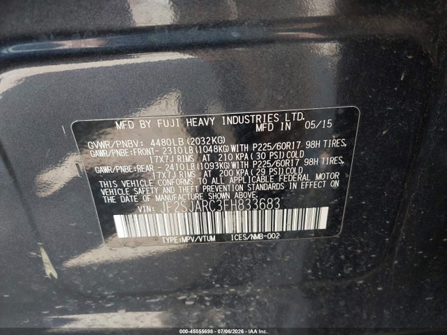 Aukcja sprzedaży 2015 Subaru Forester 2.5i Limited, vin: JF2SJARC3FH833683, numer aukcji: 45555698