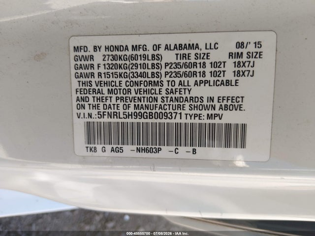 Aukcja sprzedaży 2016 Honda Odyssey Touring/touring Elite, vin: 5FNRL5H99GB009371, numer aukcji: 45555700