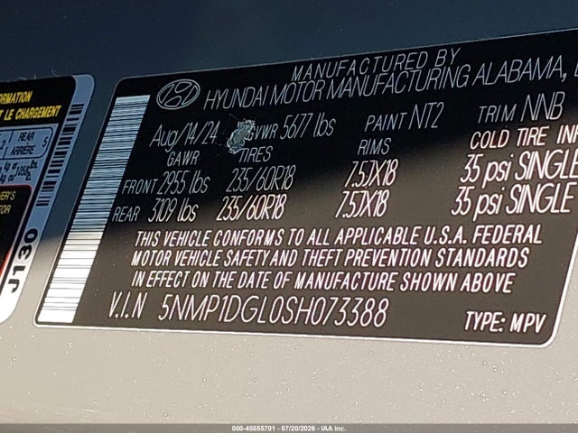 2025 Hyundai Santa Fe Se მანქანა იყიდება აუქციონზე, vin: 5NMP1DGL0SH073388, აუქციონის ნომერი: 45555701