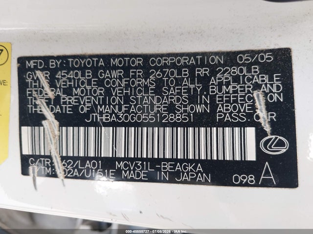 Продажа на аукционе авто 2005 Lexus Es 330, vin: JTHBA30G055128851, номер лота: 45555727