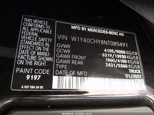 45555730 :رقم المزاد ، W1Y40CHY8NT085491 vin ، 2022 Mercedes-benz Sprinter 2500 High Roof I4 مزاد بيع