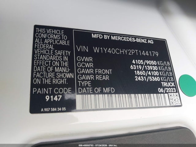 Aukcja sprzedaży 2023 Mercedes-benz Sprinter 2500 High Roof 4-cyl Gas, vin: W1Y40CHY2PT144179, numer aukcji: 45555753