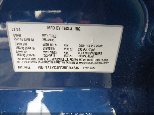 Aukcja sprzedaży 2024 Tesla Model Y Long Range Dual Motor All-wheel Drive, vin: 7SAYGAEE3RF164546, numer aukcji: 45555754