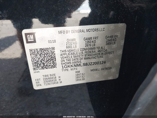 Продаж на аукціоні авто 2018 Gmc Acadia Slt-1, vin: 1GKKNMLS8JZ200124, номер лоту: 45555759