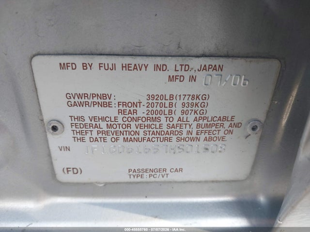 2007 Subaru Impreza 2.5i მანქანა იყიდება აუქციონზე, vin: JF1GD61657H501508, აუქციონის ნომერი: 45555760