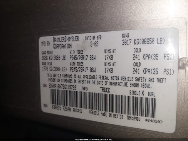 Продаж на аукціоні авто 2002 Dodge Ram 1500 St, vin: 3D7HA18N72G169720, номер лоту: 45555762