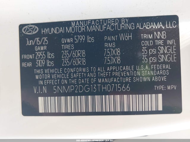 2026 Hyundai Santa Fe Hybrid Sel მანქანა იყიდება აუქციონზე, vin: 5NMP2DG13TH071566, აუქციონის ნომერი: 45555763