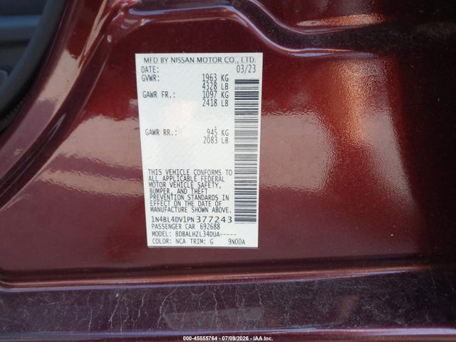 2023 Nissan Altima Sv Fwd მანქანა იყიდება აუქციონზე, vin: 1N4BL4DV1PN377243, აუქციონის ნომერი: 45555764