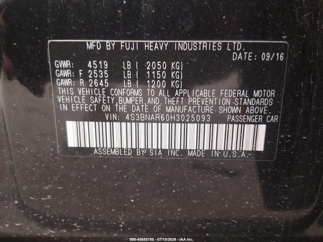 45555785 :رقم المزاد ، 4S3BNAR60H3025093 vin ، 2017 Subaru Legacy 2.5i Sport مزاد بيع