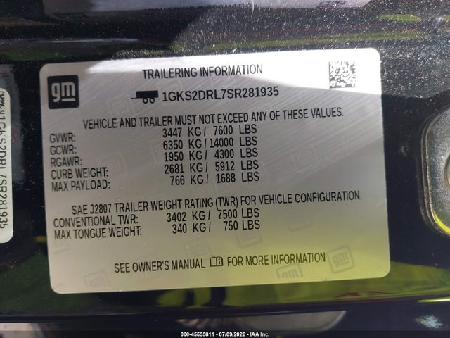 45555811 :رقم المزاد ، 1GKS2DRL7SR281935 vin ، 2025 Gmc Yukon 4wd Denali مزاد بيع