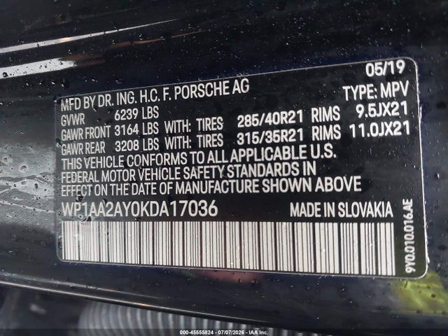2019 Porsche Cayenne მანქანა იყიდება აუქციონზე, vin: WP1AA2AY0KDA17036, აუქციონის ნომერი: 45555824