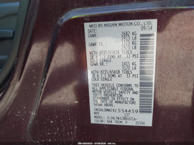 2014 Infiniti Qx60 მანქანა იყიდება აუქციონზე, vin: 5N1AL0MN7EC554459, აუქციონის ნომერი: 45555825