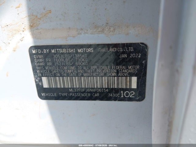 Aukcja sprzedaży 2022 Mitsubishi Mirage G4 Black Edition/es/le, vin: ML32FUFJ6NHF06154, numer aukcji: 45555842