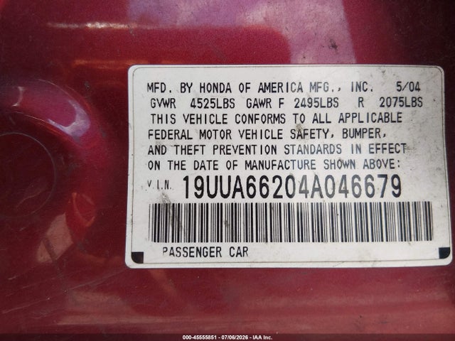 Auction sale of the 2004 Acura Tl, vin: 19UUA66204A046679, lot number: 45555851