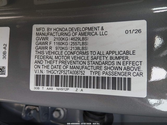 Aukcja sprzedaży 2026 Honda Accord Hybrid Sport, vin: 1HGCY2F52TA008752, numer aukcji: 45555884