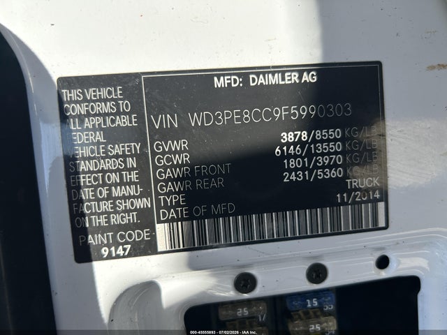 45555893 :رقم المزاد ، WD3PE8CC9F5990303 vin ، 2015 Mercedes-benz Sprinter 2500 High Roof مزاد بيع