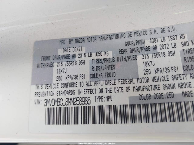 Продаж на аукціоні авто 2021 Mazda Cx-30 Preferred, vin: 3MVDMBCL8MM258985, номер лоту: 45555895