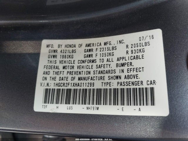 1HGCR2F1XHA011299 Honda Accord Sport Se