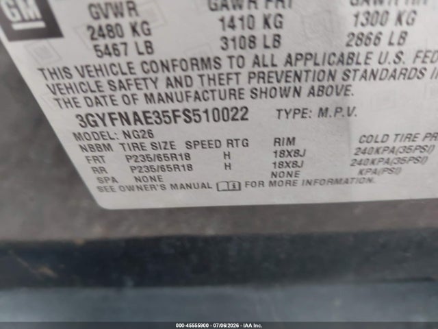 2015 Cadillac Srx Standard მანქანა იყიდება აუქციონზე, vin: 3GYFNAE35FS510022, აუქციონის ნომერი: 45555900