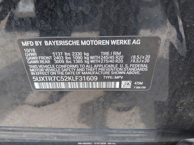Продаж на аукціоні авто 2019 Bmw X3 Sdrive30i, vin: 5UXTR7C52KLF31609, номер лоту: 45555927