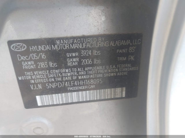 45555930 :رقم المزاد ، 5NPD74LF4HH168095 vin ، 2017 Hyundai Elantra Se مزاد بيع