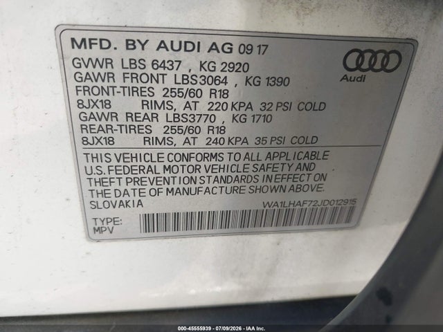 2018 Audi Q7 2.0t Premium მანქანა იყიდება აუქციონზე, vin: WA1LHAF72JD012915, აუქციონის ნომერი: 45555939