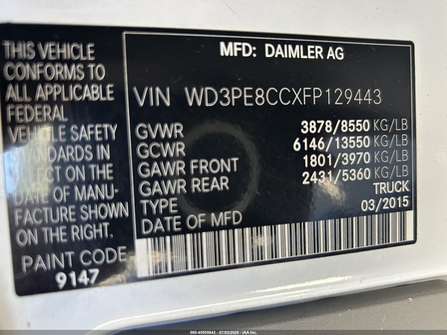 45555943 :رقم المزاد ، WD3PE8CCXFP129443 vin ، 2015 Mercedes-benz Sprinter 2500 High Roof مزاد بيع