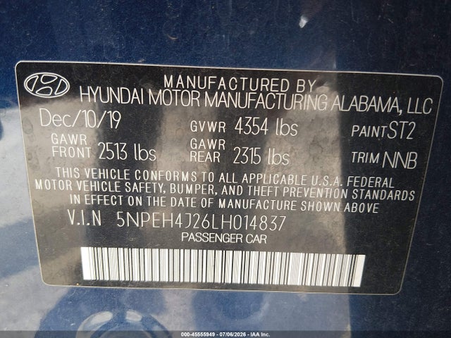 Aukcja sprzedaży 2020 Hyundai Sonata Limited, vin: 5NPEH4J26LH014837, numer aukcji: 45555949