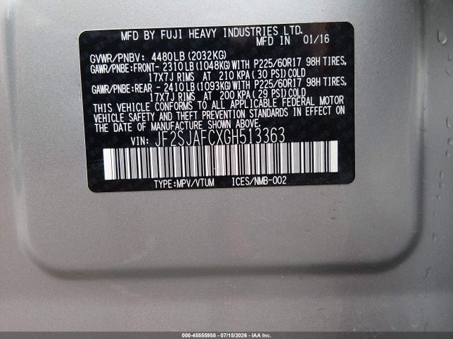 Aukcja sprzedaży 2016 Subaru Forester 2.5i Premium, vin: JF2SJAFCXGH513363, numer aukcji: 45555958