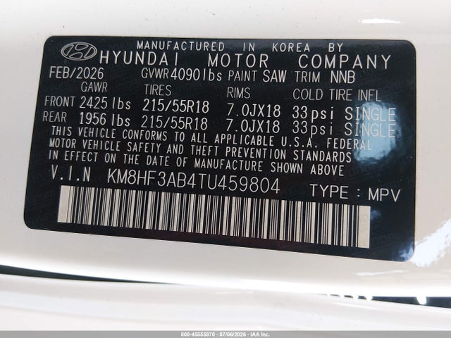 2026 Hyundai Kona Sel Sport მანქანა იყიდება აუქციონზე, vin: KM8HF3AB4TU459804, აუქციონის ნომერი: 45555970