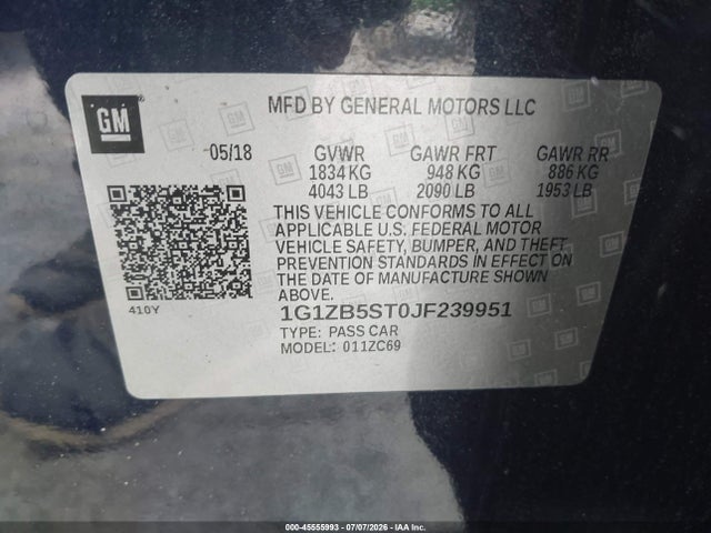 Aukcja sprzedaży 2018 Chevrolet Malibu 1ls, vin: 1G1ZB5ST0JF239951, numer aukcji: 45555993